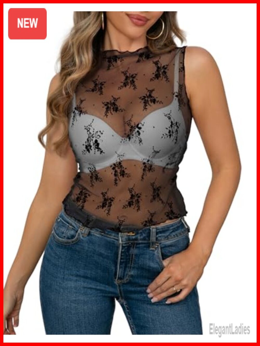 Sheer Mesh Lace Floral Embroidered Mock Neck Sleeveless Y2K Crop Tank Top